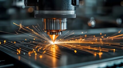 Poster - Close up view of a CNC machine using state of the art laser technology to precisely cut metal with sparks flying and demonstrating the efficiency and innovation of modern manufacturing processes