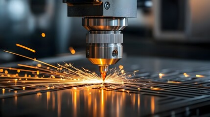 Poster - Close up view of a high tech CNC machine using advanced laser technology to precisely cut and shape metal showcasing the sparks and efficiency of modern manufacturing processes