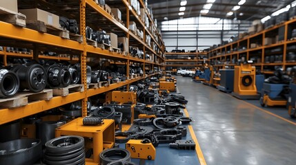 Poster - Organized Industrial Parts Storage in Spacious Warehouse with Neatly Arranged Shelves and Metallic Components Symbolizing Efficiency and Modern Logistics