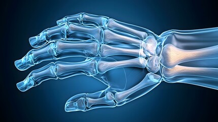 Poster - Detailed X Ray Visualization of the Human Hand Anatomy Highlighting the Intricate Structure of Bones Joints and Ligaments Against a Gradient Blue Background for Medical Healthcare and Scientific
