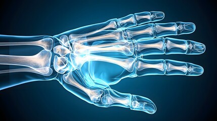 Poster - Detailed x ray image showcasing the intricate skeletal structure and joints of a human hand set against a gradient blue background