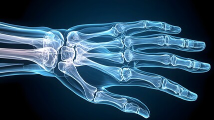 Poster - x ray showcasing the intricate skeletal structure of a human hand against a smooth gradient background transitioning from dark navy to soft sky blue