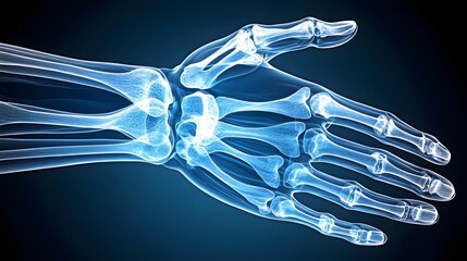 Fototapete - x ray showcasing the intricate skeletal structure of a human hand against a smooth gradient background transitioning from dark navy to soft sky blue