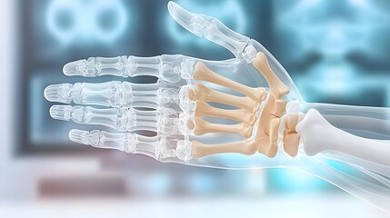 Poster - Detailed x ray image showcasing the intricate structure of the human hand skeleton placed against a soothing blue gradient background