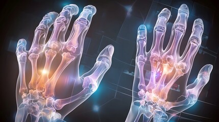 Poster - Detailed X Ray Visualization of a Human Hand Showcasing the Intricate Bone and Joint Anatomy Placed on a Gradient Background that Transitions from Dark to Light Blue