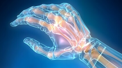 Poster - Detailed X Ray Image of a Human Hand Showcasing the Intricate Skeletal Structure and Joints Set Against a Soft Gradient Blue Background