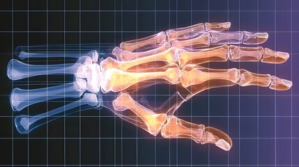 Poster - Detailed X Ray Visualization of Intricate Human Hand Bone and Joint Anatomy Showcased on a Gradient Blue Background