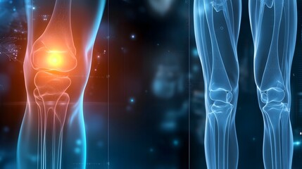 Poster - Detailed 3D rendering of a human knee joint showcasing the glowing orange pain area intricate bone cartilage