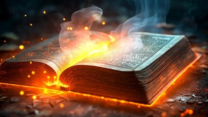 Poster - Flames emerge from an ancient book casting glowing embers in a dark setting