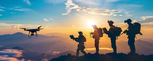 Poster - Silhouetted military squad observing drone flight at mountain top during sunset