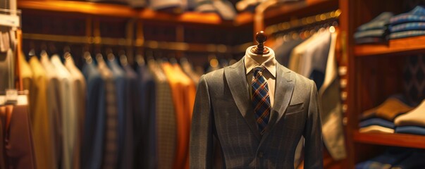 Aufkleber - Sophisticated grey suit and tie showcased on a mannequin in a high-end boutique