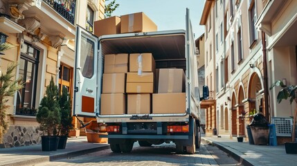 Aufkleber - Delivery truck packed with cardboard boxes is parked on the street