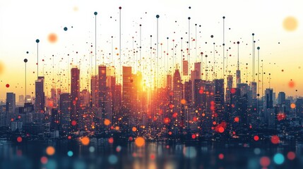 Wall Mural - Vibrant sunset over a city skyline with colorful digital particles creating a dynamic atmosphere