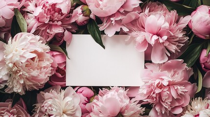 Poster - Pink peonies background with a floral arrangement and a blank card