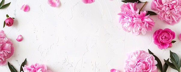 Poster - Pink peonies creating a frame on a white textured background with copy space in the center