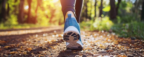 Wall Mural - Young woman enjoys a run on a park trail, soaking in the stunning autumn weather