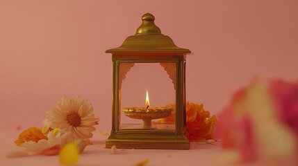 Poster - A diya placed inside a brass lantern, surrounded by flowers and festive props, on a clean, minimal background.