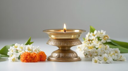 Poster - A diya placed inside a brass lantern, surrounded by flowers and festive props, on a clean, minimal background.