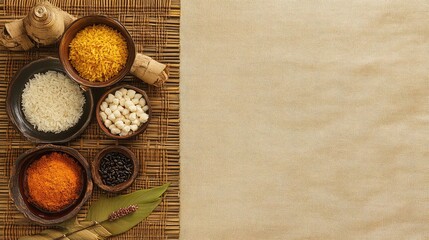 Poster - A flat lay of Diwali thali items like kumkum, rice, and sweets, styled with ample copy space on a neutral backdrop.