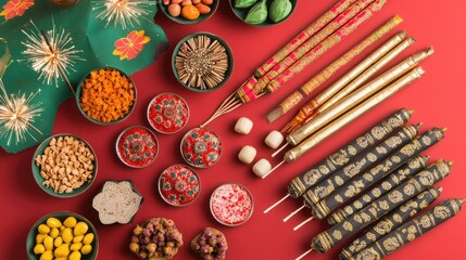 Poster - A flat lay of Diwali crackers like sparklers and chakris, neatly arranged with festive props, leaving negative space.