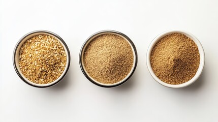 Poster - A flat lay of ground Indian spices like coriander, cumin, and turmeric in small bowls, placed on a clean white surface with copy space.