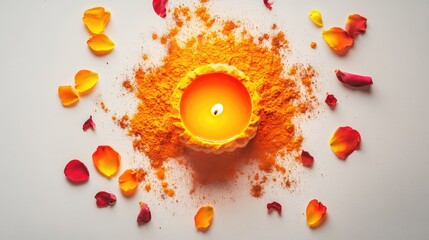 Poster - A glowing diya surrounded by rose petals and kumkum powder, placed on a white background for a clean look.