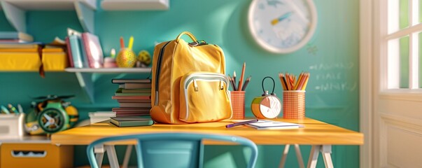 Aufkleber - Sunny classroom with a yellow backpack on the desk, waiting for the new school year to begin