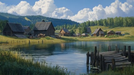 Poster - A peaceful Finnish village by a calm lake with green hills in the background, surrounded by space for design elements.