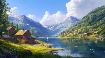 Poster - A peaceful Finnish village by a calm lake with green hills in the background, surrounded by space for design elements.
