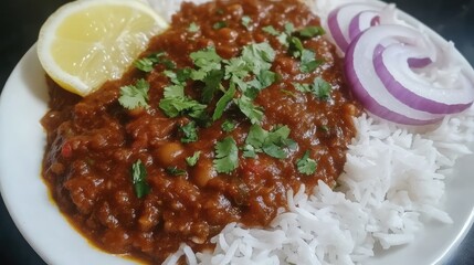 Poster - A plate of rajma chawal kidney beans curry with rice, garnished with fresh coriander and served with onion slices and lemon wedges.
