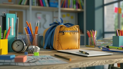 Aufkleber - School supplies on a desk with a yellow backpack gift in a classroom setting