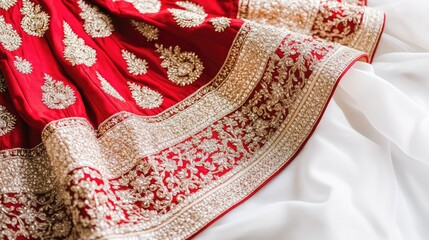 Poster - A richly decorated bridal lehenga with intricate beadwork and sequins, spread elegantly on a soft white fabric background for focus.