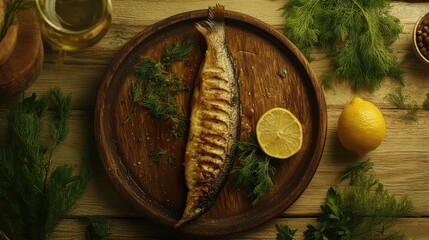 Poster - A rustic Finnish dish of Finnish fried vendace fish muikku with a slice of lemon and herbs, leaving space for branding.