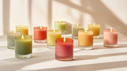 Poster - A selection of vibrant candles in glass holders, styled on a clean white surface with negative space.