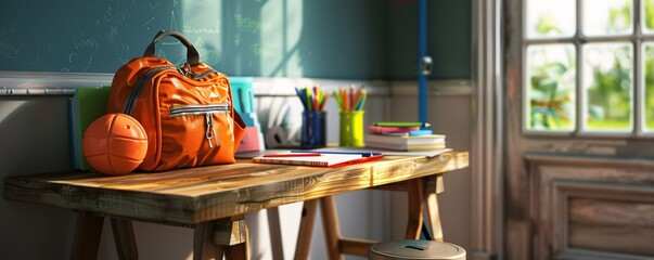 Aufkleber - Sunlight illuminates orange backpack, basketball, and school supplies on wooden desk in classroom