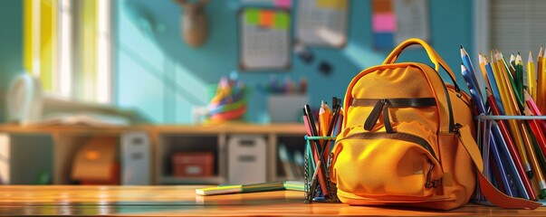 Poster - Yellow backpack is sitting on a desk with school supplies in a sunny classroom