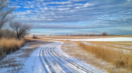 Poster - A snowy field with sled dog tracks leading into the distance, surrounded by a vast open sky for creative copy.