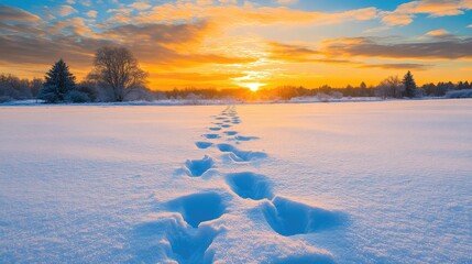 Poster - A snowy field with sled dog tracks leading into the distance, surrounded by a vast open sky for creative copy.