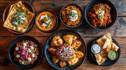 Poster - A spread of Indian street food including pani puri, bhel puri, and pav bhaji, arranged on a wooden table with colorful garnishes.