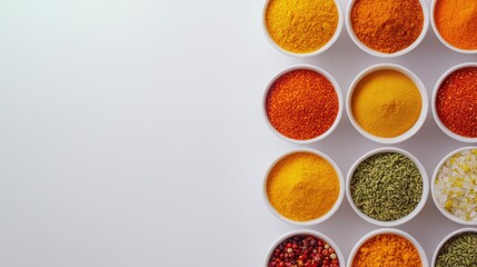Poster - A top view of a variety of Indian spices like turmeric, cumin, coriander, and red chili powder arranged in small bowls, with plenty of copy space on the table.