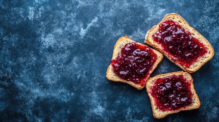 Poster - A top view of Finnish berry jam puolukkahillo spread on a piece of bread, with plenty of empty space for design.
