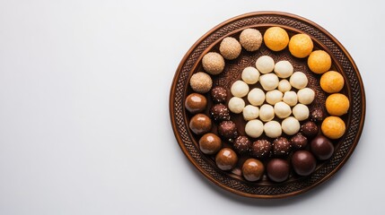 Aufkleber - A top view of traditional Indian sweets like laddoos and burfi arranged on a decorative plate, with ample space around for copy.