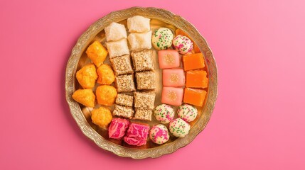 Aufkleber - A top view of traditional Indian sweets like laddoos and burfi arranged on a decorative plate, with ample space around for copy.