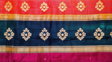 Poster - Close-up of a vibrant Indian sari fabric with intricate embroidery, laid out on a smooth surface with ample space for text.