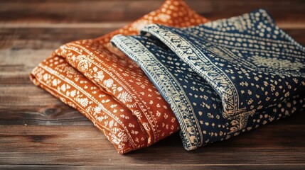 Poster - Folded kurta with block print patterns and intricate embroidery, placed on a wooden surface with neutral tones in the background.