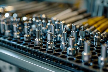 Poster - Rows of spare parts for industrial machinery sitting in a factory
