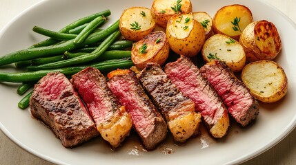 Poster - Perfectly cooked venison steak with a seared crust, served with roasted potatoes and green beans on a neutral background.