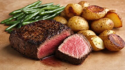 Poster - Perfectly cooked venison steak with a seared crust, served with roasted potatoes and green beans on a neutral background.