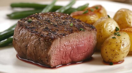 Poster - Perfectly cooked venison steak with a seared crust, served with roasted potatoes and green beans on a neutral background.