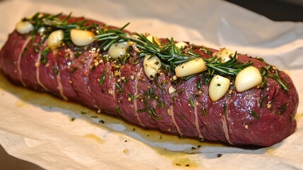 Poster - Raw Wagyu beef tenderloin displayed on parchment paper with rosemary, garlic, and olive oil for a luxurious preparation visual.